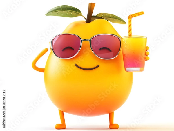 Fototapeta A happy mango character wearing sunglasses, sipping a tropical drink, relaxed summer vibe, isolated on white background