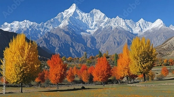Fototapeta A trek through Pakistans Hunza Valley with snow-capped peaks and apricot trees 