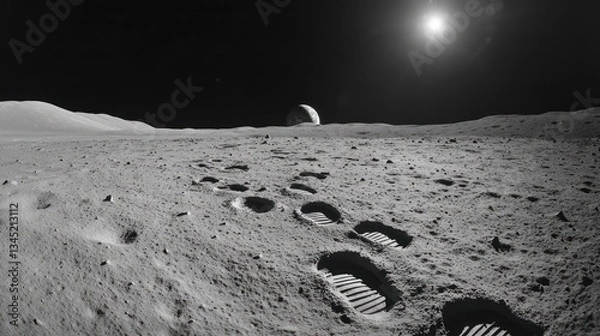 Fototapeta Lunar footprints, Earthrise, moon surface, space exploration, science background