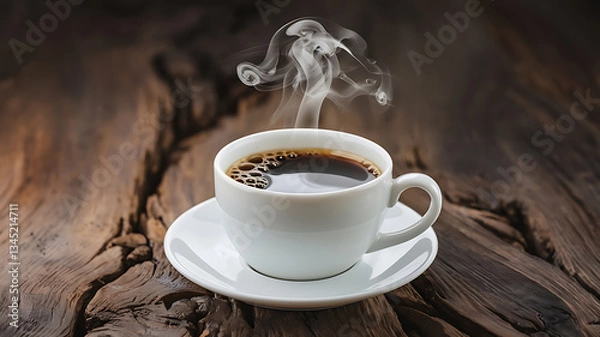 Obraz Hot coffee in a white cup on a rustic wooden table