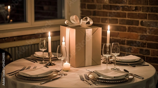 Obraz Romantic dinner setting with gift box candles and elegant tableware