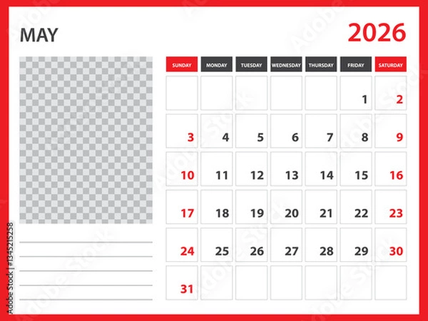 Obraz 2026 year calendar vector design, May 2026 year, Desk calendar 2026, Week Starts on Sunday, Wall calendar design, poster,  planner design, stationery, printing media, red background concept