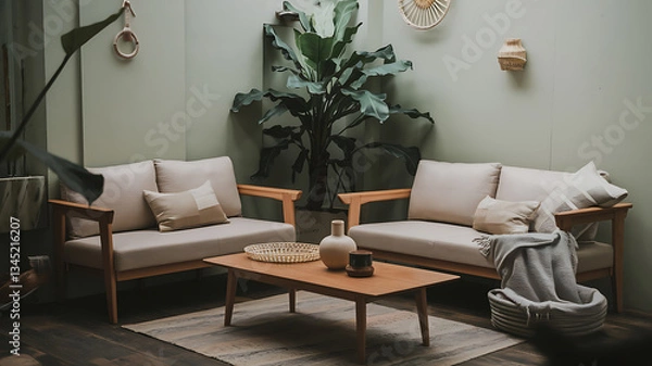 Fototapeta Cozy corner seating area with wooden furniture and natural tones