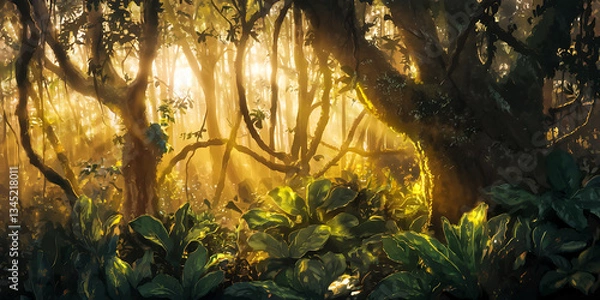 Obraz Golden sunlight filters through a lush overgrown jungle