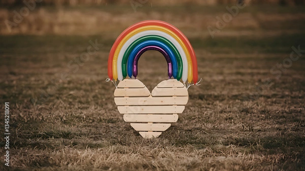 Obraz Wooden heart-shaped sign with a rainbow of balloons