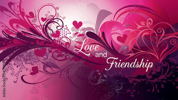 Obraz A vibrant stylized floral graphic design featuring the words Love and Friendship amidst swirling ornate patterns and scattered hearts in a romantic feminine aesthetic