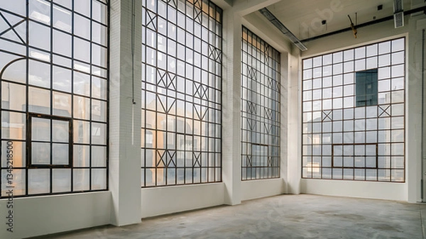 Obraz Industrial loft space with large windows Empty bright modern interior