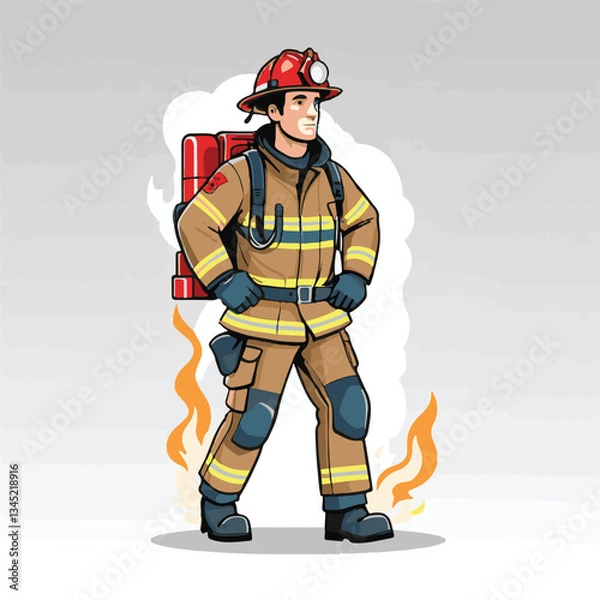 Fototapeta fireman, safety, emergency, firefighter, danger, rescue, fire, man, fighter, uniform, equipment, protection, helmet, service, flame, burn, water, profession, extinguisher, vector, red, hose, backgroun