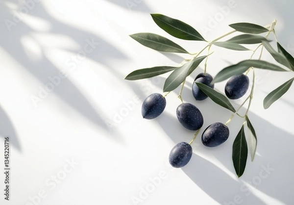 Obraz Fresh olives with green leaves on light surface casting soft shadows for culinary and natural lifestyle concepts in a minimalist style