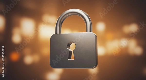 Fototapeta A steadfast metal padlock symbolizes unwavering security against a warm, bokeh-blurred backdrop.