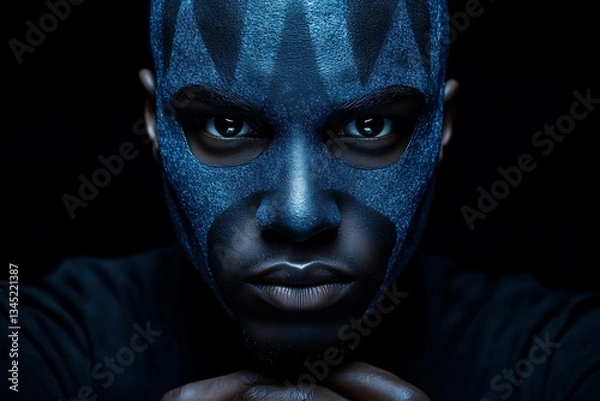 Obraz Blue Mask for Dark Portrait, Intense Gaze.