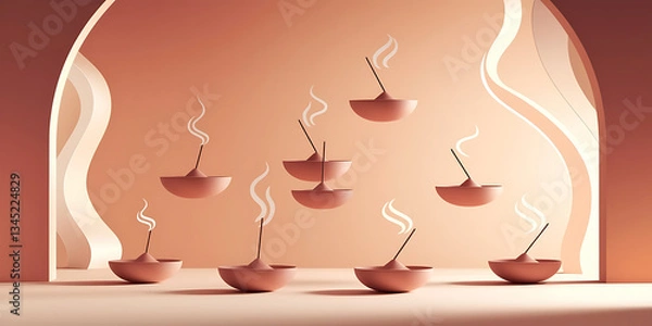 Fototapeta Floating minimalist incense burners in a soft peach coral color palette