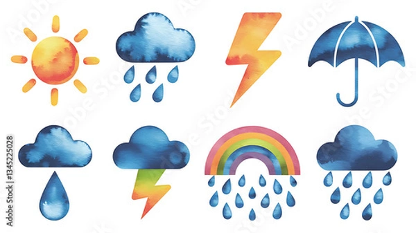 Obraz Colorful watercolor weather icons sun clouds rain rainbow lightning umbrella Cute kid-friendly design