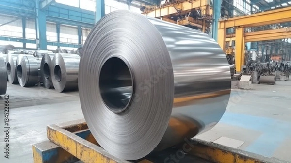 Fototapeta Large steel coil resting on a wooden pallet inside a manufacturing facility with machinery in the background