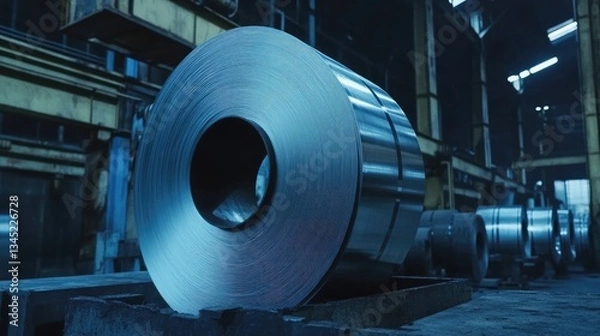 Fototapeta A large steel coil rests on a platform inside an industrial warehouse, illuminated by soft blue lighting