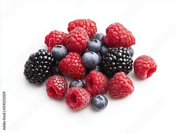 Fototapeta Fresh mixed berries including blueberries, raspberries and blackberries on a white background