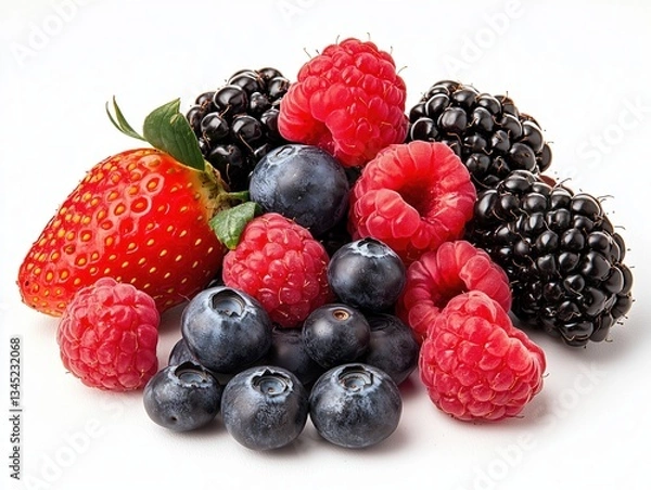 Fototapeta Fresh mixed berries including strawberries, blueberries, raspberries and blackberries on a white background