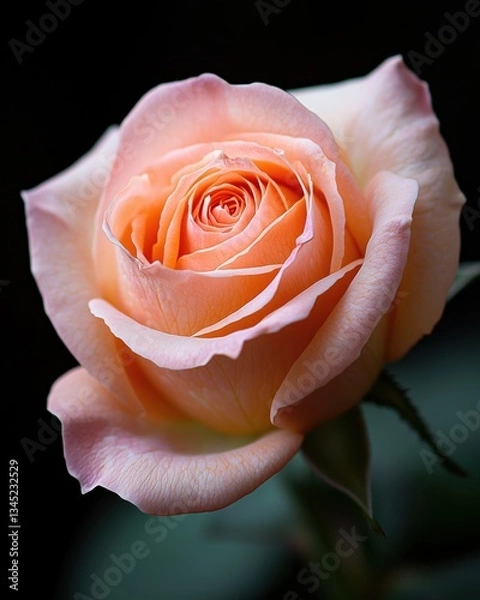 Fototapeta Tangerine and peach-colored rose in perfect focus against a softly blurred dark brown canvas background