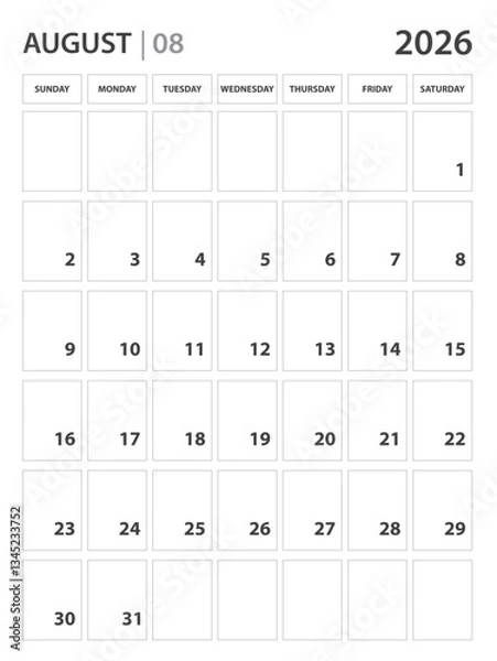 Obraz August 2026 year planner template. calendar 2026 year. Black and white monthly and yearly planners. Business planner minimal concept. Desk calendar 2026 year. Week Starts on Sunday, wall calendar.