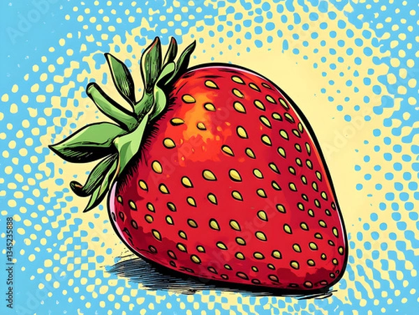 Obraz A pop-art inspired strawberry with bold contrasting colors and halftone dots, retro comic book style, transparent background