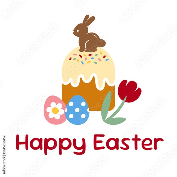 Fototapeta Greeting card with an easter cake, chocolate bunny, eggs and a flower on a white background. Happy Easter poster with a traditional bread with a rabbit on top in cute cartoon style