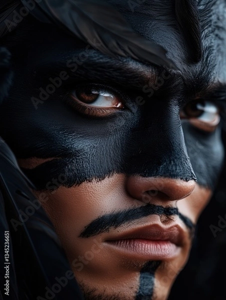Fototapeta Native American portrait with black feather head dress and makeup showing the Indian culture against a dark background