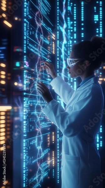 Obraz A Dedicated Scientist Conducts Advanced Genetic Analysis Within a Futuristic High-Tech Laboratory Environment, Exploring Complex DNA Sequences