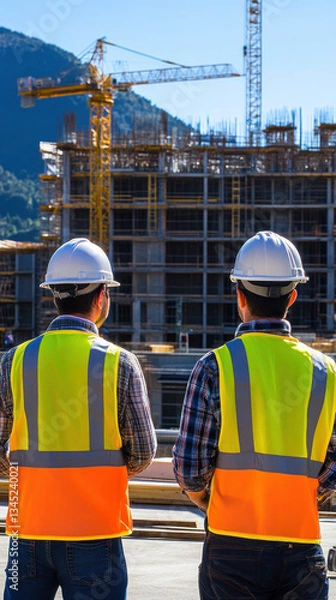 Fototapeta Two men in orange vests stand in front of a large building. They are wearing hard hats and safety vests