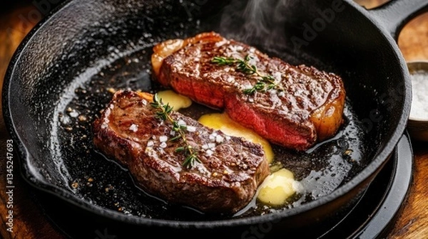 Obraz A cast iron pan with a sizzling steak, juices bubbling in melted butter.