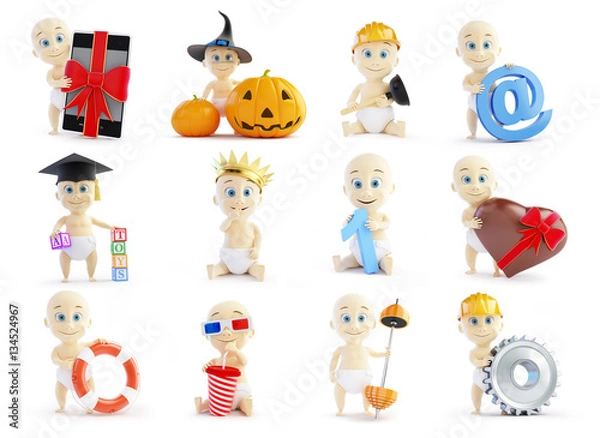 Fototapeta set baby 3d in different occupations and different objects on a white background 3D illustration