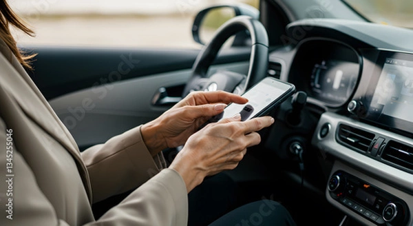 Fototapeta Woman using smartphone in car, modern lifestyle, mobile technology, communication, driving, commute, digital device,  hands texting, screen interaction, travel
