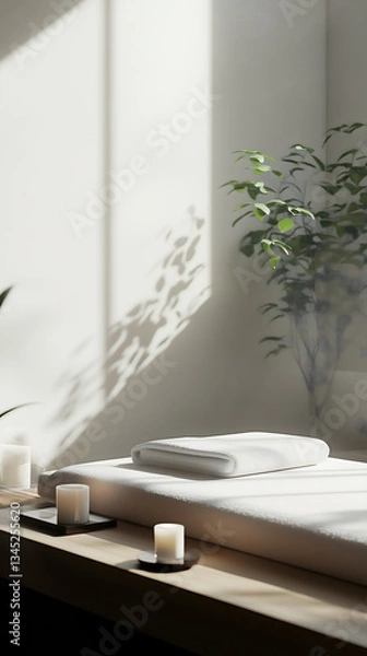 Fototapeta A serene spa setting with a massage table, candles, and a plant, bathed in soft natural light, evoking relaxation and tranquility. Vertical view