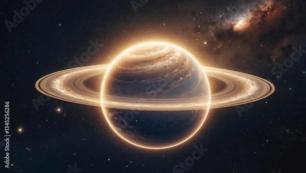 Obraz Glowing Ringed Planet in Cosmic Nebula, Distant Stars, Space Exploration