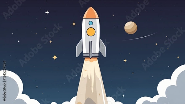Fototapeta A stylized rocket ascends through a dark night sky, leaving a trail of light. Stars and a distant planet are visible. Clouds frame the bottom.