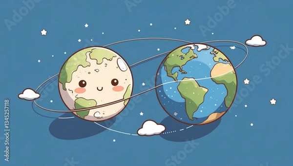 Obraz Adorable Cartoon Planets Orbiting, Space, Stars, Clouds, Cute