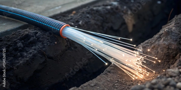 Obraz Concept of fiber optic in construction site. micro perspective of fiber optic trench installation