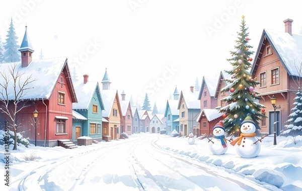 Fototapeta Winter Street View Background Image, Christmas Tree, Building, Banner Texture