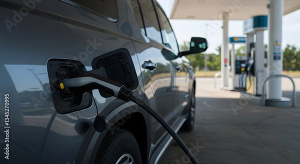 Fototapeta Electric Vehicle Charging at a Gas Station A Glimpse into the Future of Transportation