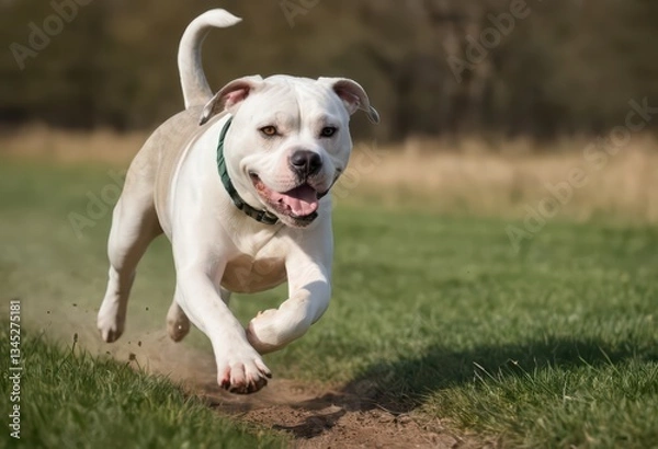Fototapeta american bulldog running on a  green meadown, happy dog playing on the raw nature, in a beautiful summer day, doggy in the natural ambient