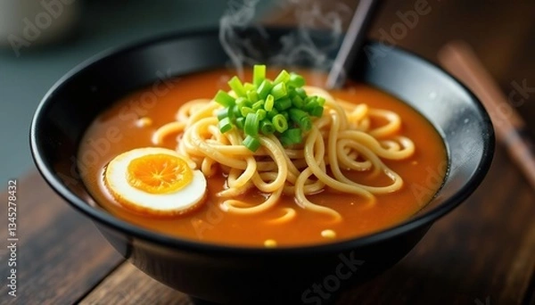 Obraz Steaming bowl of ramen, chopsticks, spring onions, lunch, ramen