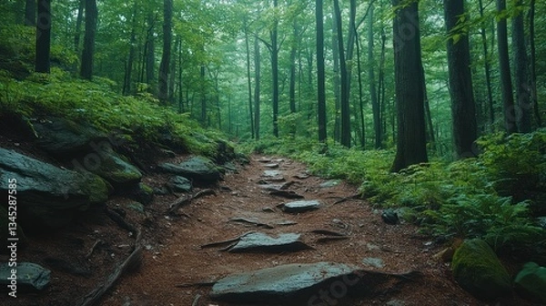 Fototapeta Lush forest path winding through rocky terrain
