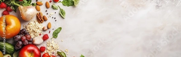 Fototapeta Assorted fresh fruits and nuts on a rustic white background.