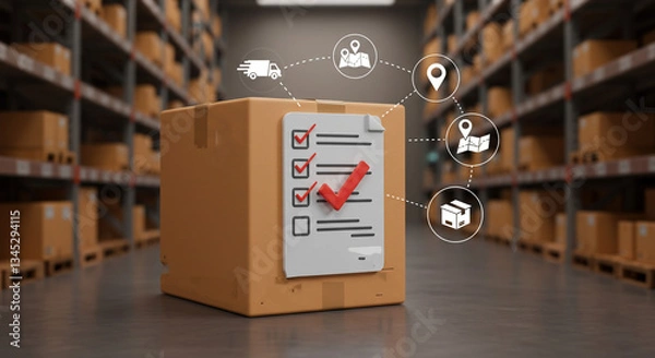 Fototapeta Secure package delivery, meticulously tracked from warehouse to doorstep, with efficient route planning and delivery confirmation icons shown digitally.
