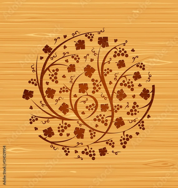Obraz Vector floral ornament of grape vines and bunches of grapes on a wooden background