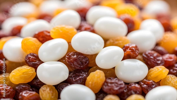 Fototapeta Healthy Snacks mix of raisins and yogurt covered snacks creates delightful and healthy treat