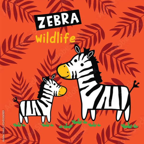Fototapeta Cute cartoon zebra and baby zebra in the wild with colorful leaves in the background. Wildlife adventure concept
