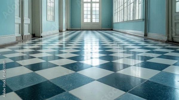 Fototapeta Reflective Blue And White Checkered Floor In An Abandoned Building