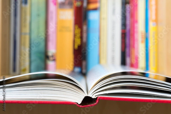 Fototapeta An open book in foreground with a blurred colorful library in background
