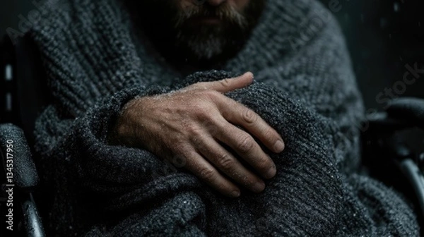 Fototapeta A man wrapped in a blanket, huddled in a wheelchair in cold weather.  His hand is resting on the blanket
