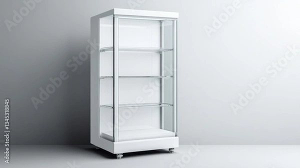 Fototapeta Modern glass display cabinet for retail use showcasing various products in a clean white background